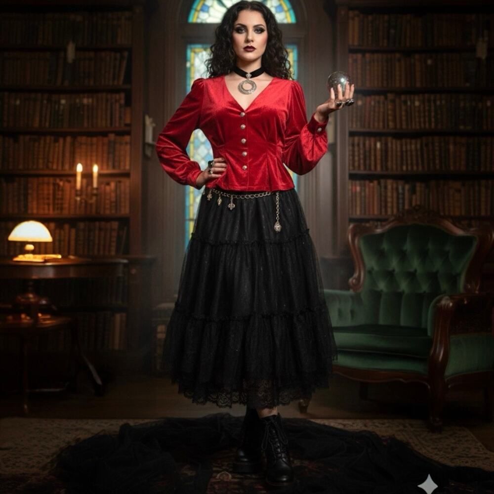 VTG 90s Ruby Red Velvet Witchy Top Whimsigoth Vampire Goth Romantic Blouse Small